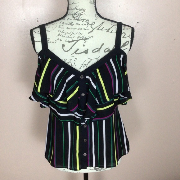 Vince‎ Camuto Womens Off Shoulder Flutter Sleeves Black Multi Striped Top - Picture 1 of 9